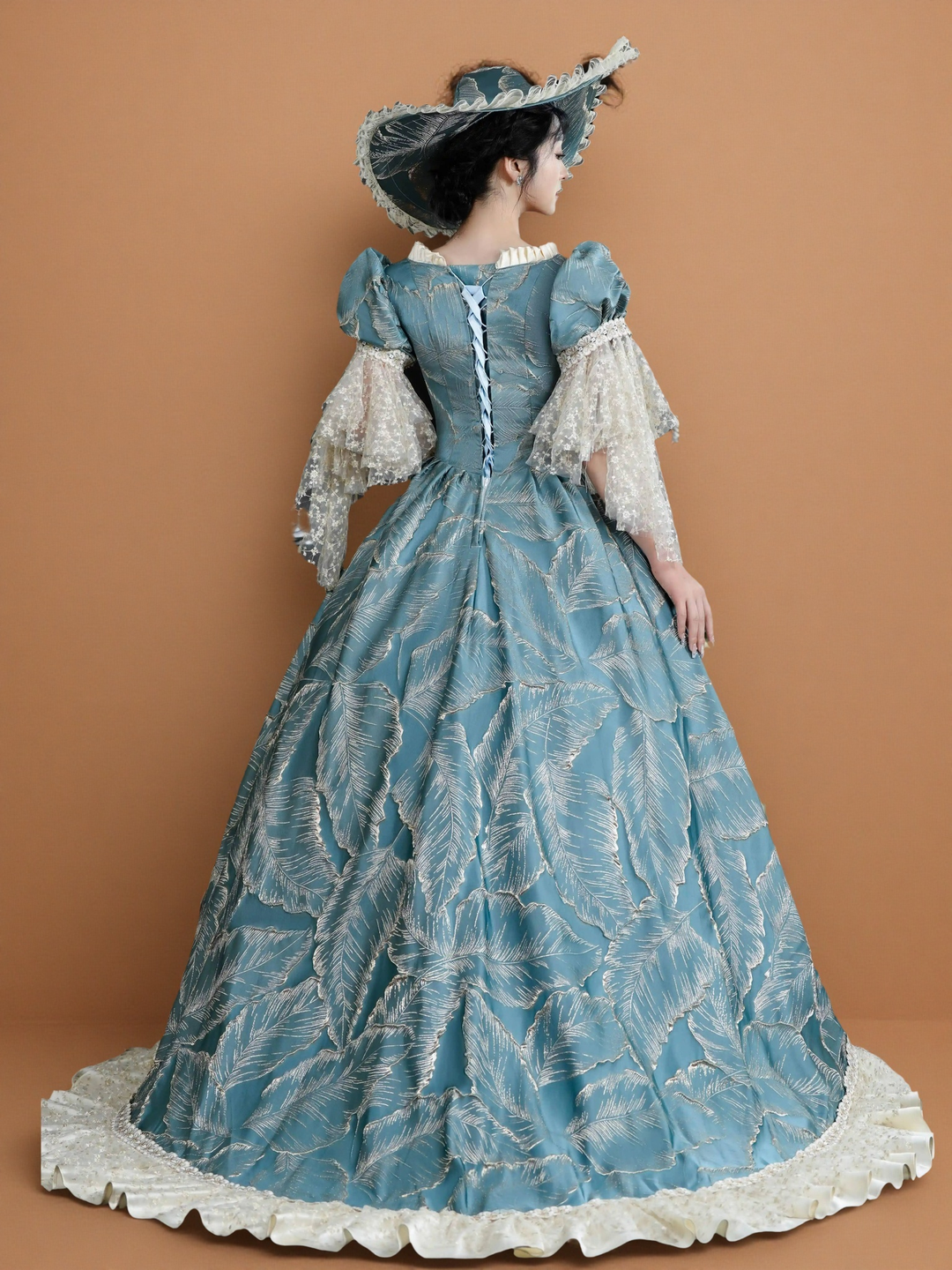 Marie Antoinette Rococo Style Dress in Blue and Ivory with Layered Skirt and Lace Bell Sleeves – Baroque Ball Gown Plus Size