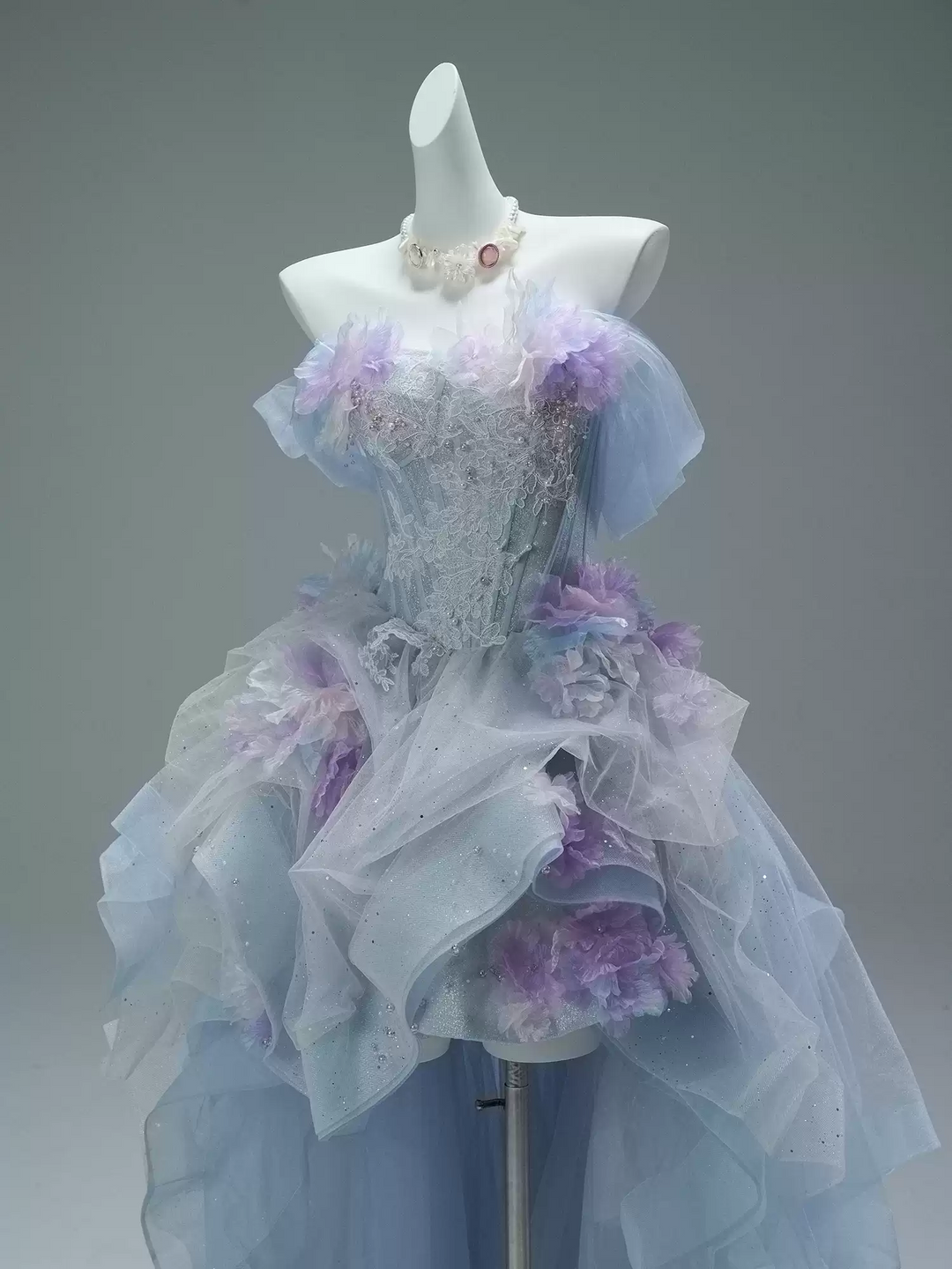 Blue and Purple High Low Dress with Floral Appliqué and Tulle – Strapless Evening Dress with Corset Back Plus Size
