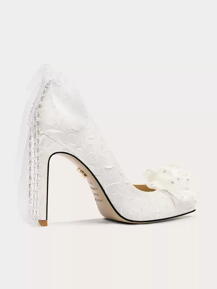 Vintage Inspired White Bridal High Heels with Tassel Detail and Bow