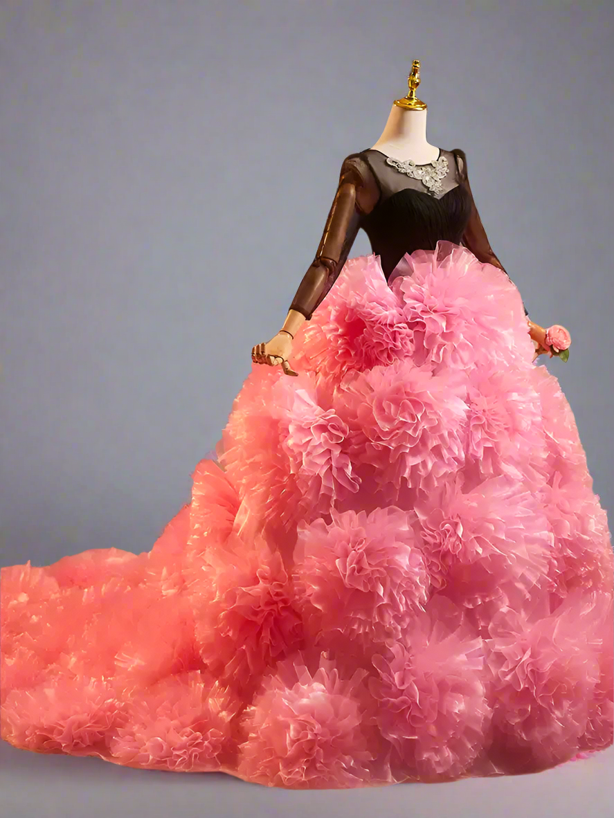 Gothic Black Floral Ball Gown with Pink Ruffle Skirt - Layered Tulle Ruffle Dress - Long-Sleeve Evening Dress Plus Size Size 16W / Pink Gothic Black Floral Ball Gown with Pink Ruffle Skirt - Layered Tulle Ruffle Dress - Long-Sleeve Evening Dress Plus Size Size 16W / Pink