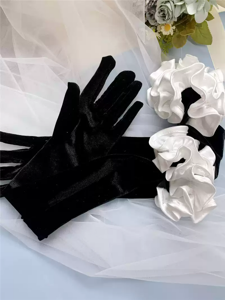 Long Black Velvet Bridal Gloves with White Satin Ruffle Accents