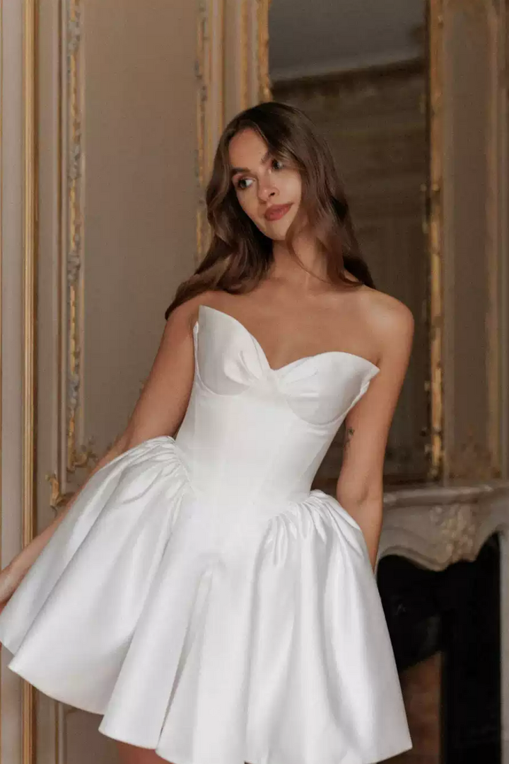 Short Wedding Party Dress with Corset Bodice and Full Satin Skirt – Sweetheart Neckline Wedding Dress Plus Size