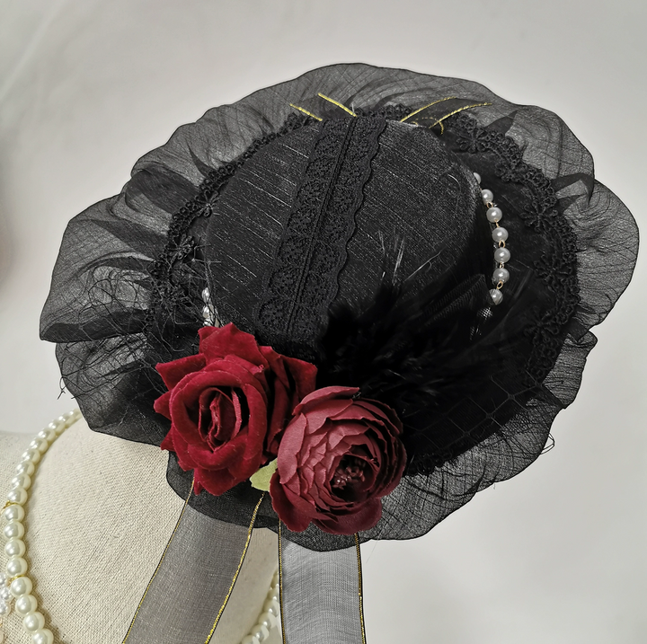 Gothic Black Hat with Dark Roses - Gothic Headpiece with Lace Details and pearl