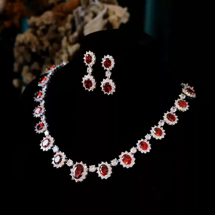 Scarlet Empress – Red Crystal Halo Necklace & Earrings Set