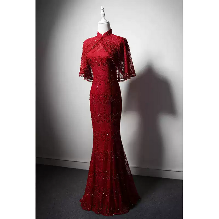 Luxury Red Cheongsam Dress with Lace and Beaded Detailing – Elegant Red Mermaid Evening Gown with Cap Sleeves Plus Size