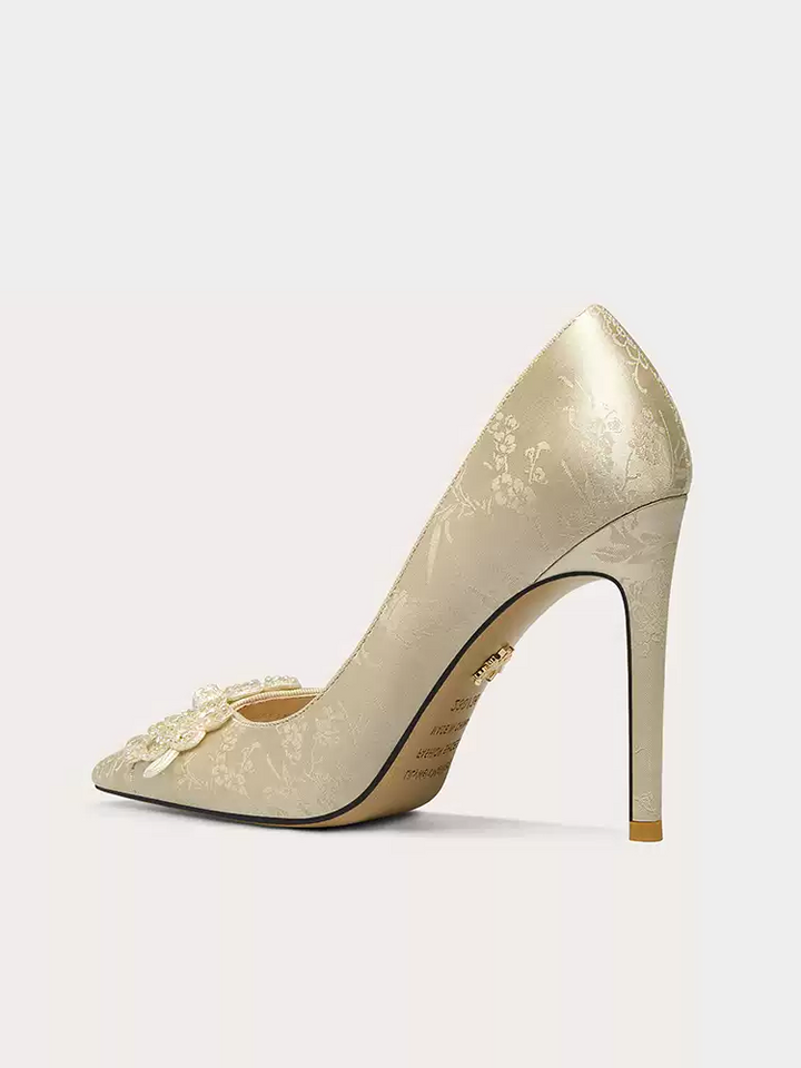 Vintage-Inspired Champagne Bridal Floral High Heels - Elegant Beaded Design