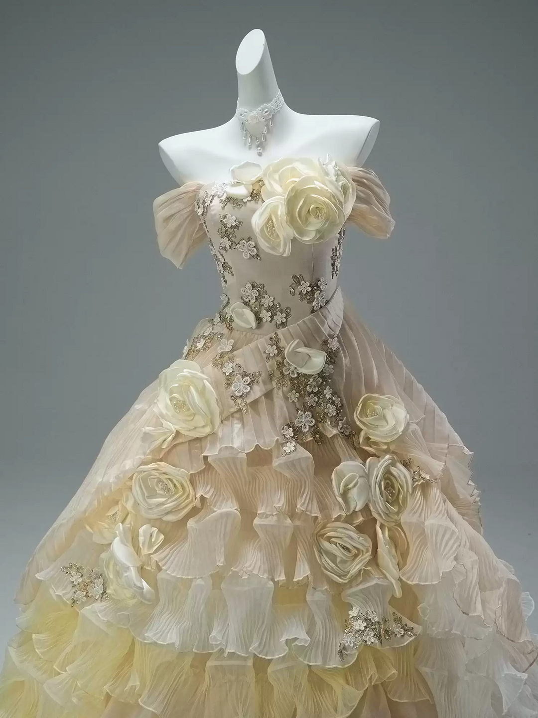 Yellow Fairytale Layered Tulle Ruffle Dress with Floral Appliqué – Off the Shoulder Evening Dress with Corset Back Plus Size