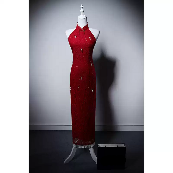 Luxury Red Cheongsam Dress with Pearl Embellishments – Elegant Red Evening Gown with High Neck and Fringe Hem Plus Size