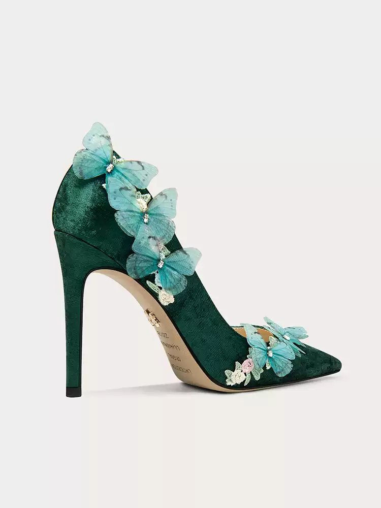 Vintage Inspired Green Velvet Pointed-Toe High Heels with Butterfly and Rhinestone Details