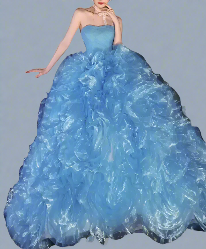 Blue Floral Ball Gown with Strapless – Elegant Blue Prom Dress with Floral Embellishments – Layered Tulle Ruffle Ball Dress with Corset Back Plus Size