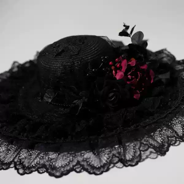 Gothic Black Lolita Hat with Handmade Lace and Dramatic Floral Embellishments