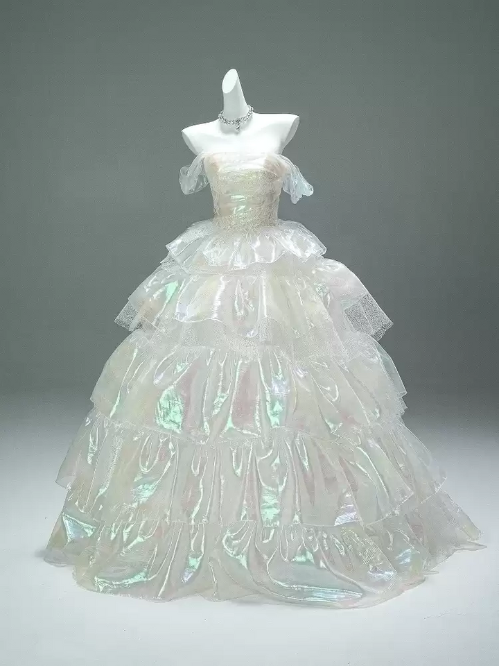 Layered Tulle Ruffle Dress with Off Shoulder Sleeves – White Ball Gown with Corset Back Plus Size
