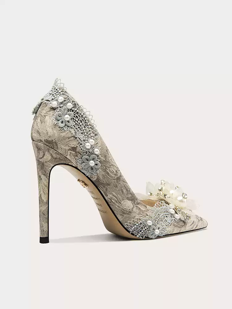 Victorian-Inspired Gray Floral High Heels with Beaded Detailing