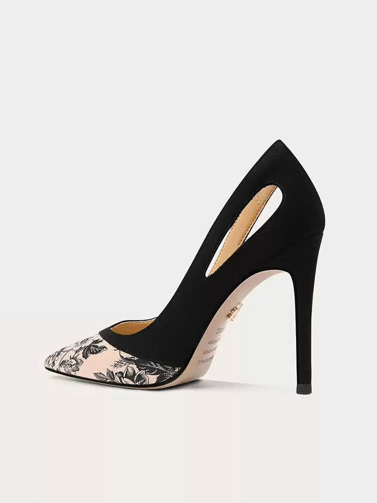 Vintage-Inspired Black Suede Stiletto Heels with Floral Print Accents