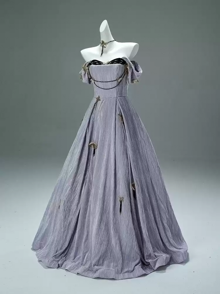 Lavender Purple Evening Dress with Butterfly Appliqué – Velvet Evening Gown with Corset Back and Matching Choker Plus Size
