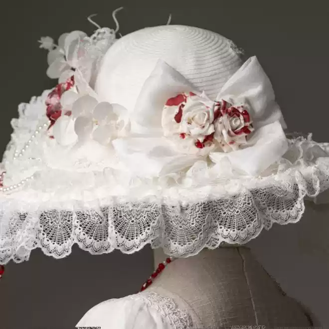 Handmade Lolita Hat with Floral Detailing - White Lace Bonnet with Bow