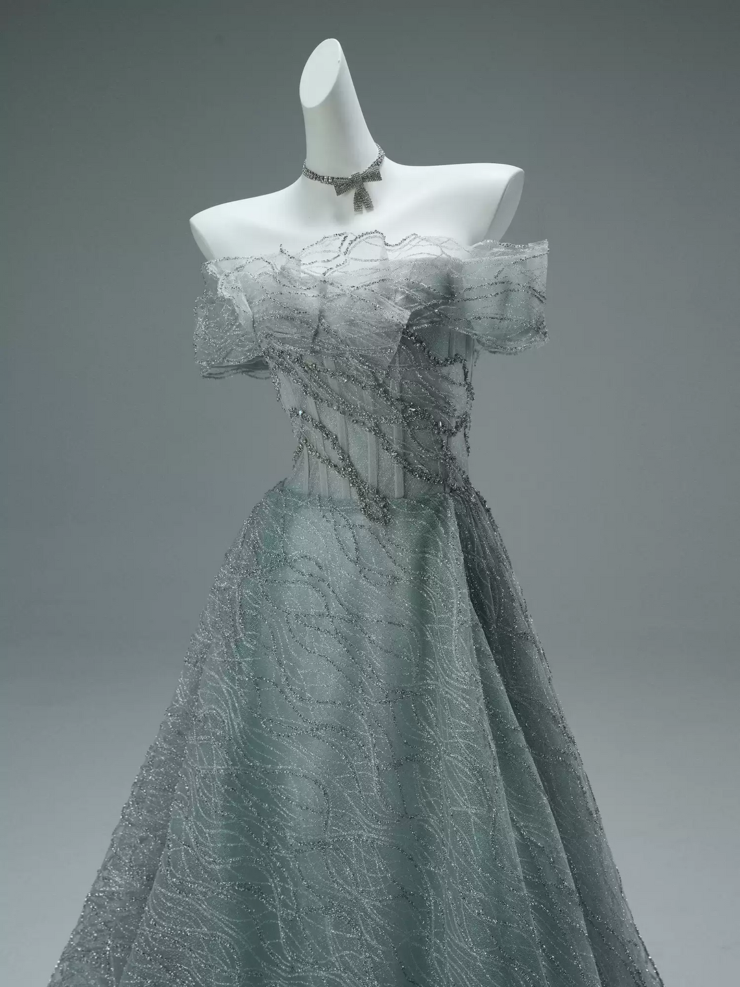 Green Off the Shoulder Evening Dress – Designer Sequin Gown with Sequin Embroidery and Matching Choker Plus Size