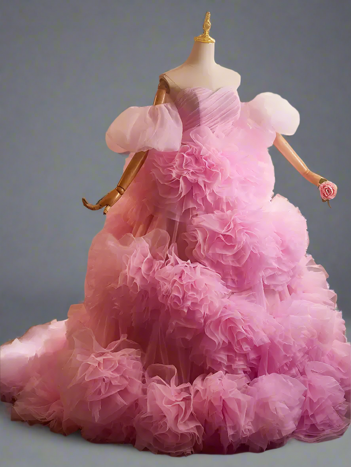 Pink Floral Ball Gown - Corset Tulle Dress - Tiered Floral Tulle Dress - Off Shoulder Wedding Dress Plus Size