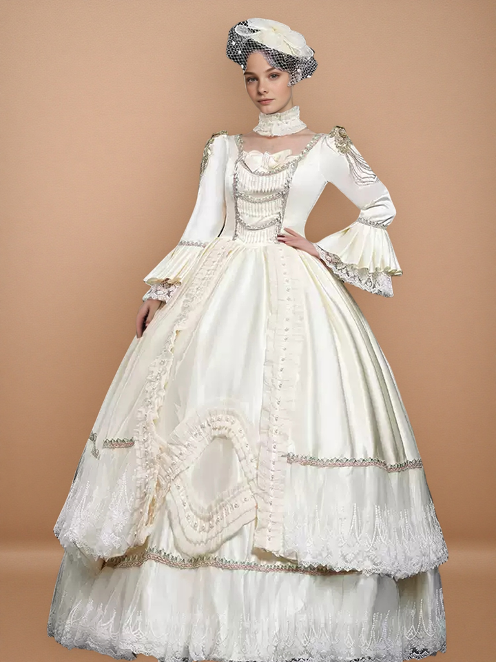 Ivory Rococo Ball Gown with Lace Ruffles – Long Sleeve Court Dress with Pearled Bodice and Tiered Skirt