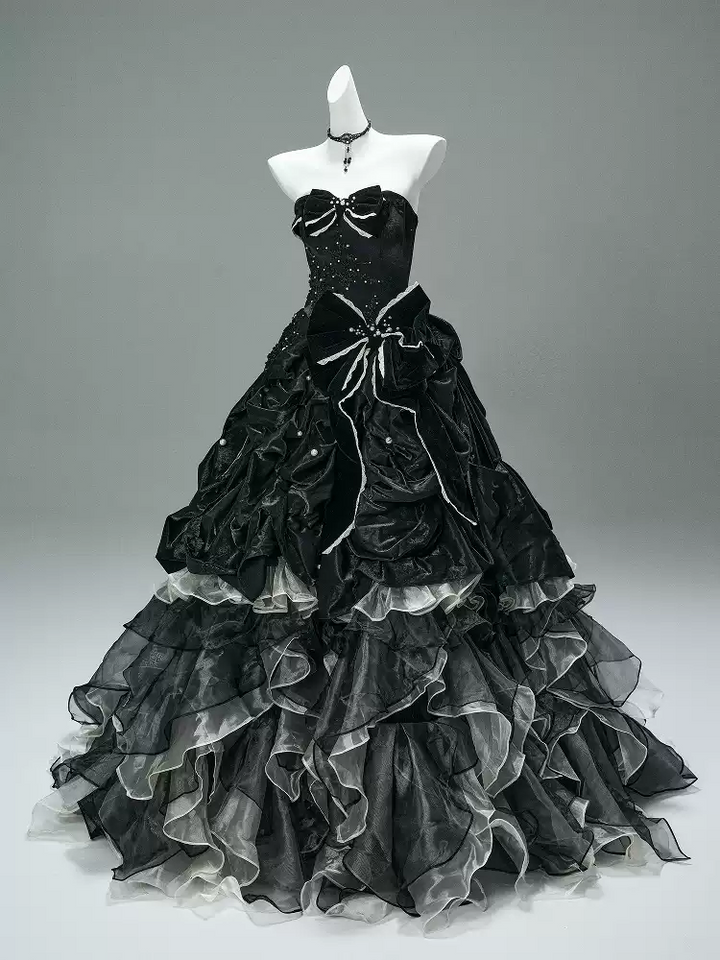 Black Gothic Ball Gown with Velvet Bows – Strapless Layered Tulle Ruffle Dress Plus Size