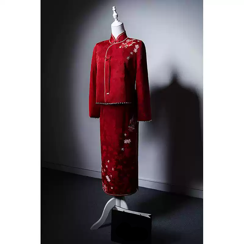 Red Cheongsam Dress with Floral Embroidery - Elegant Red Qipao Dress with Slit and High Neck Custom Order Plus Size