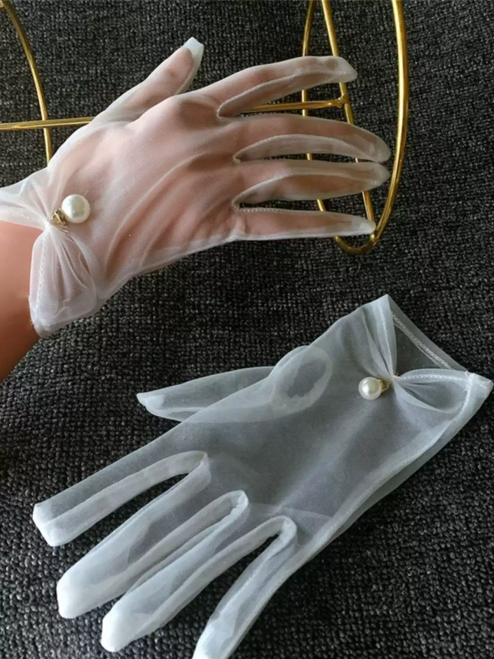 Vintage-Inspired Champagne Bridal Gloves with Tulle and Pearl Embellishments