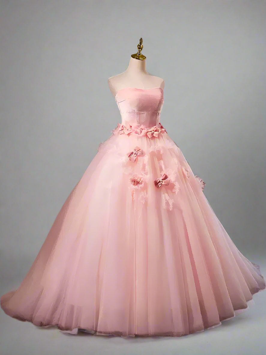 Pink Ball Gown with Floral Accessories - Corset Back Wedding Dress - Pink Flower Prom Dress with Tulle Plus Size