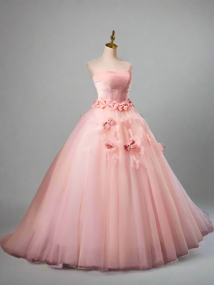 Pink Ball Gown with Floral Accessories - Corset Back Wedding Dress - Pink Flower Prom Dress with Tulle Plus Size