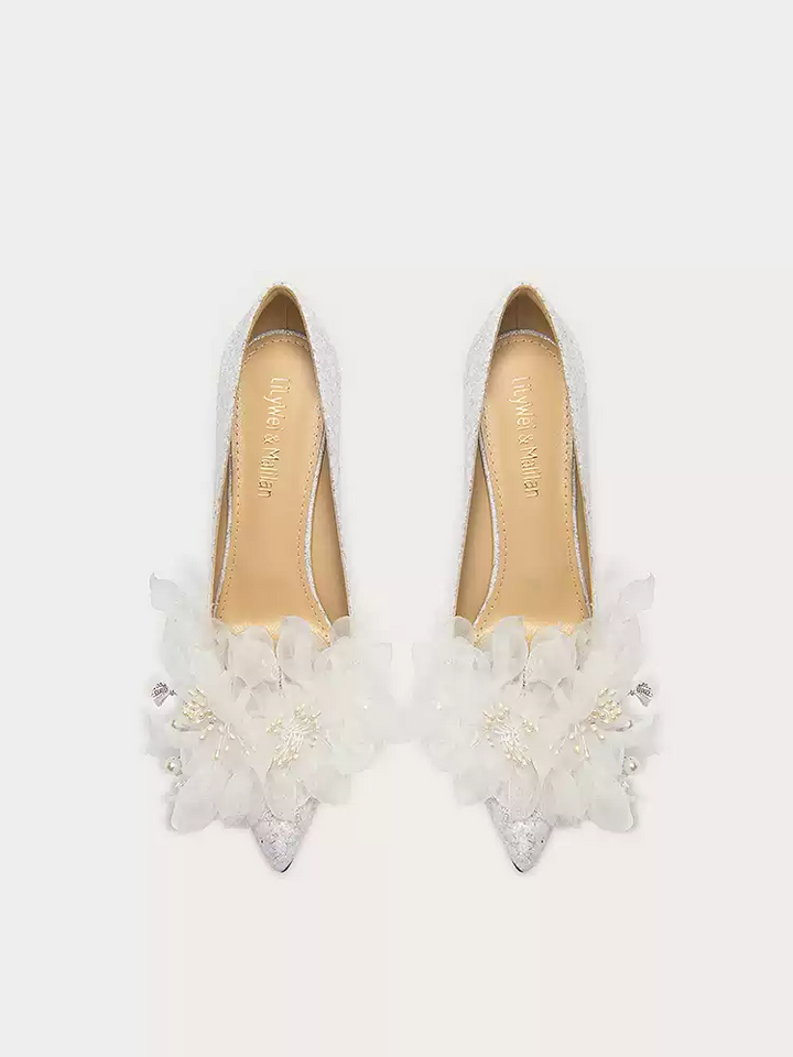 Bridal Elegant Floral Lace High Heels with Beaded Detailing - Vintage Inspired
