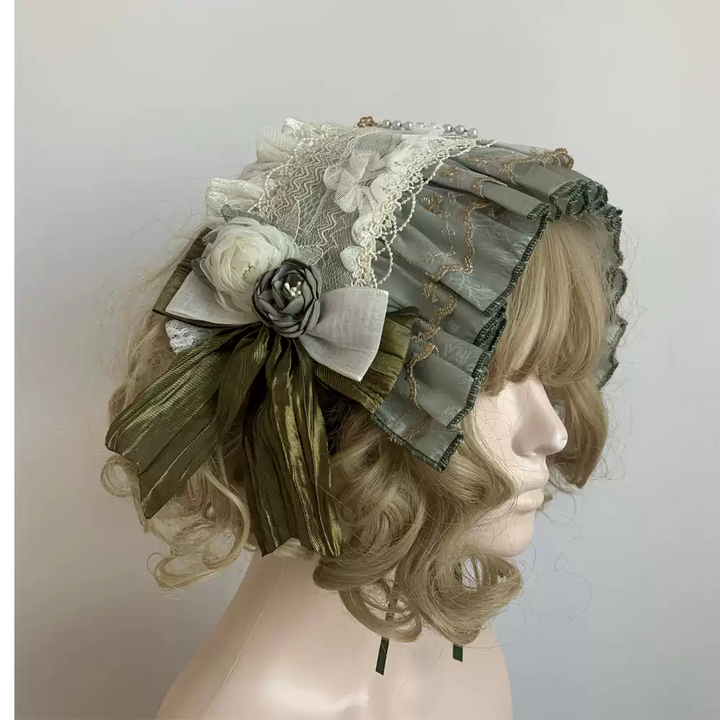 Handmade Green Lolita Hat with Exquisite Lace and Floral Embellishments