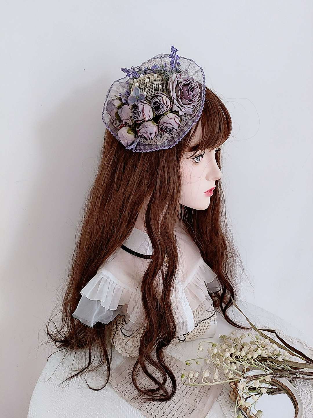 Handmade Purple Lolita Hat Hairclip with Floral Embellishments