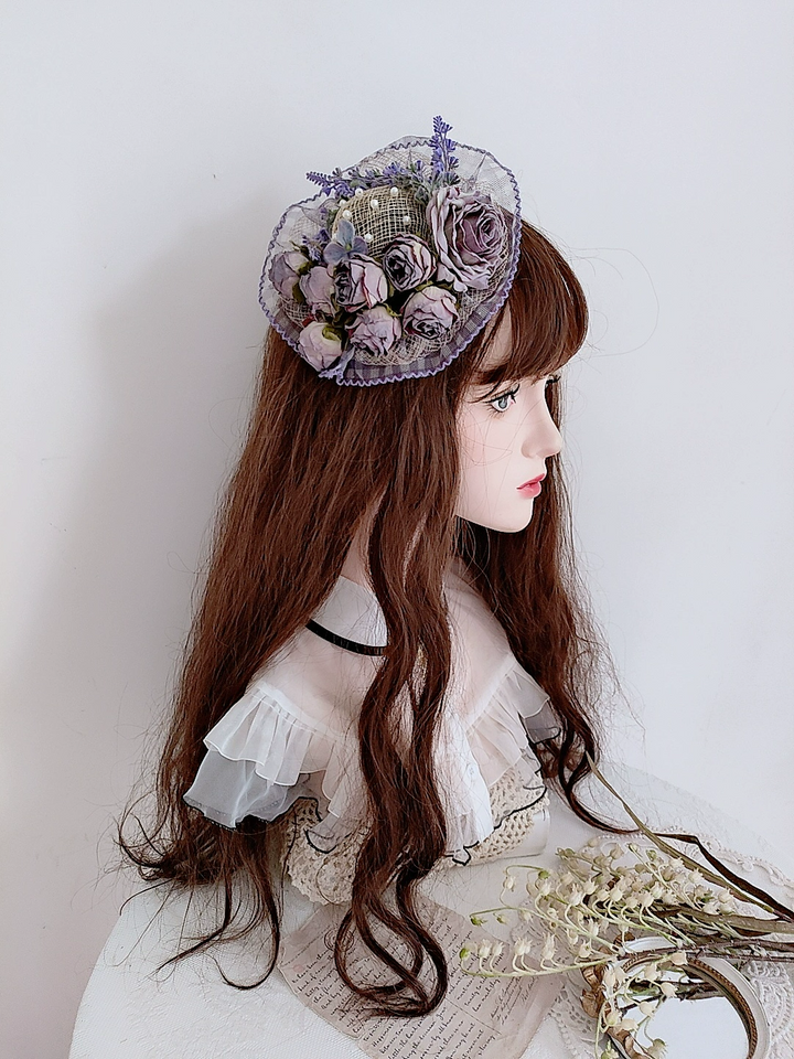 Handmade Purple Lolita Hat Hairclip with Floral Embellishments