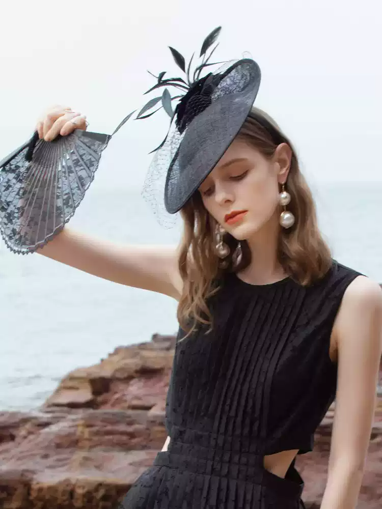 Elegant Black Linen Floral Hat - Black Fascinators and Hats - Black Hat with Feather