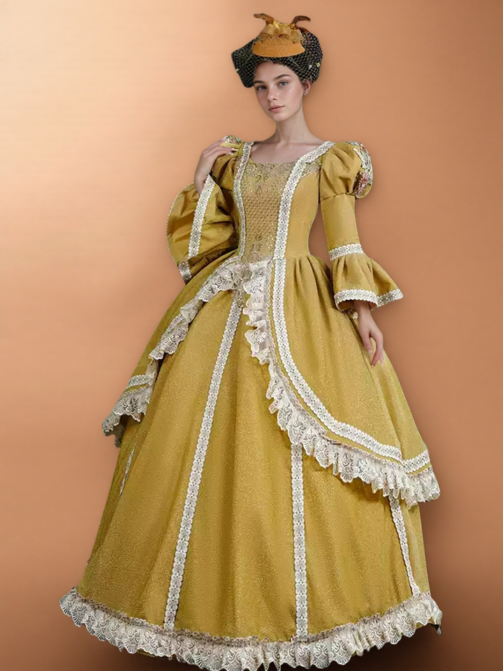 Golden Rococo Ball Gown with Ruffle Lace Trim – Vintage Puffy Sleeve Court Dress