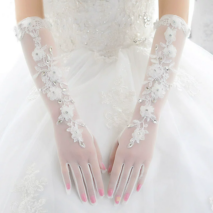 Luxurious White Lace Bridal Gloves with Crystal Embellishments