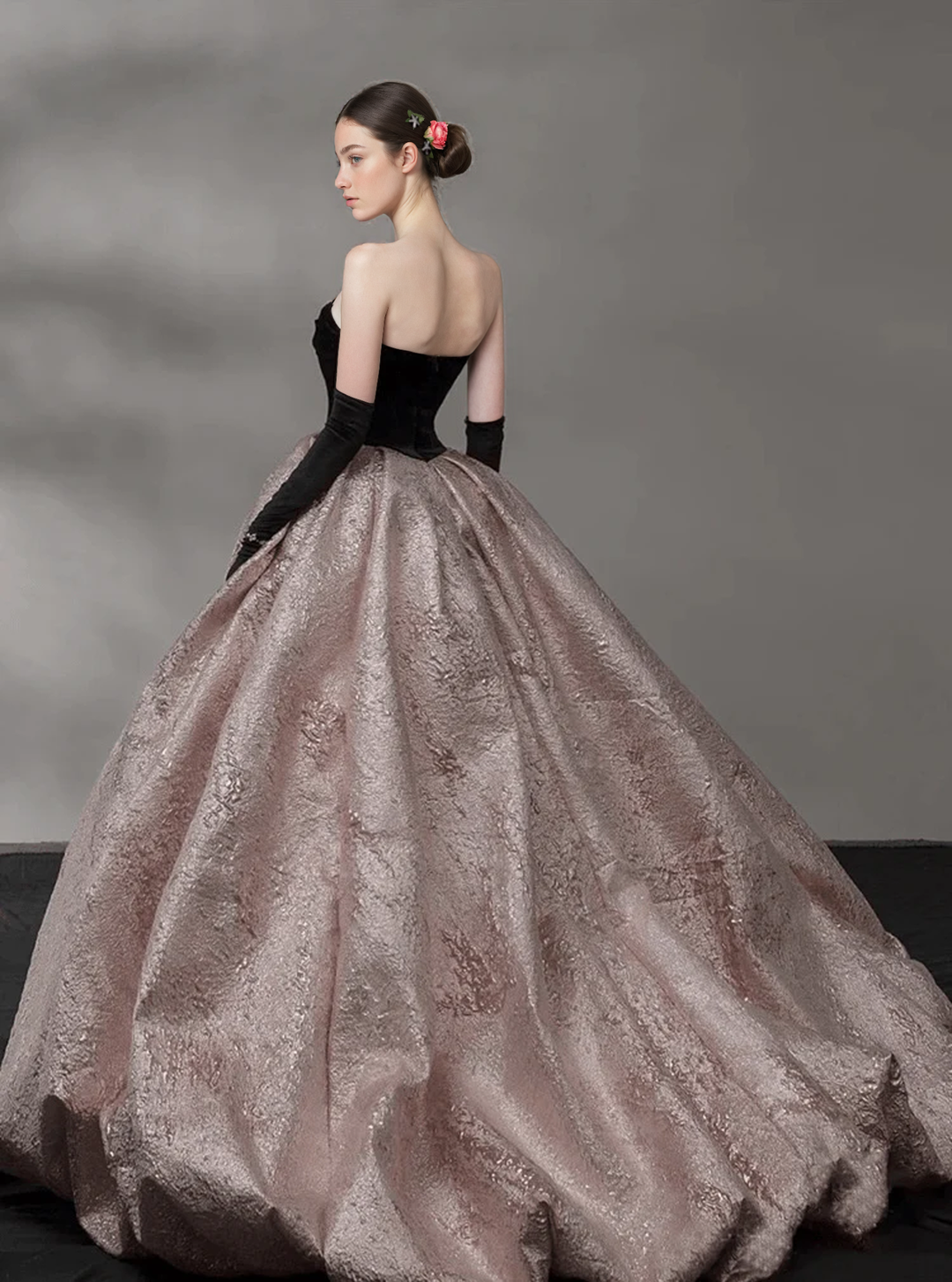 Gothic Schwarzes und Rosa Perlenbesetztes Brautkleid mit Handschuhen - Abendkleid Übergröße