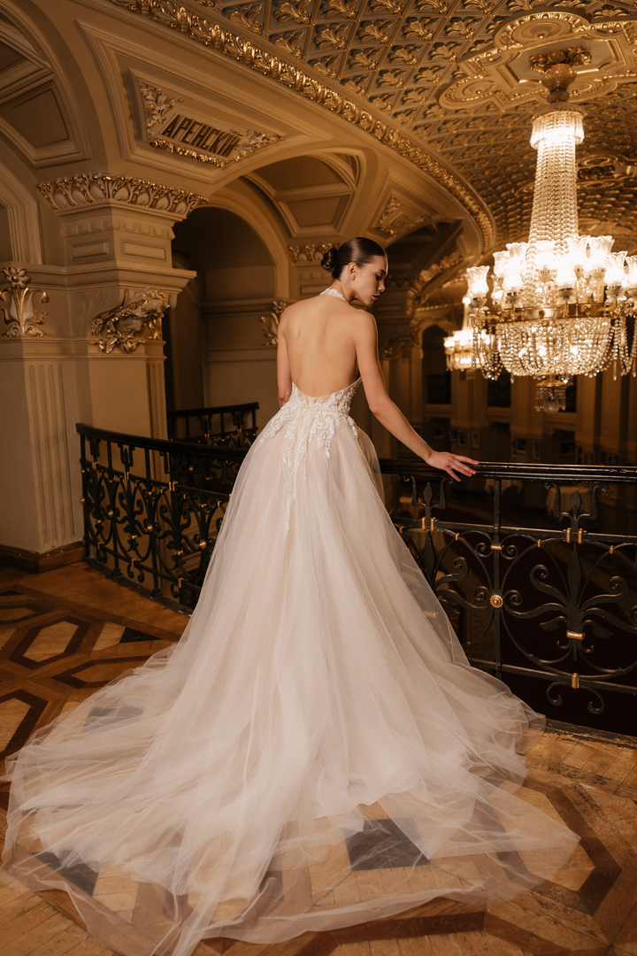 Ivory Floral Wedding Dress with Tulle and Deep Neckline – A-Line Wedding Dress with Sleeveless Plus Size – CECILIA