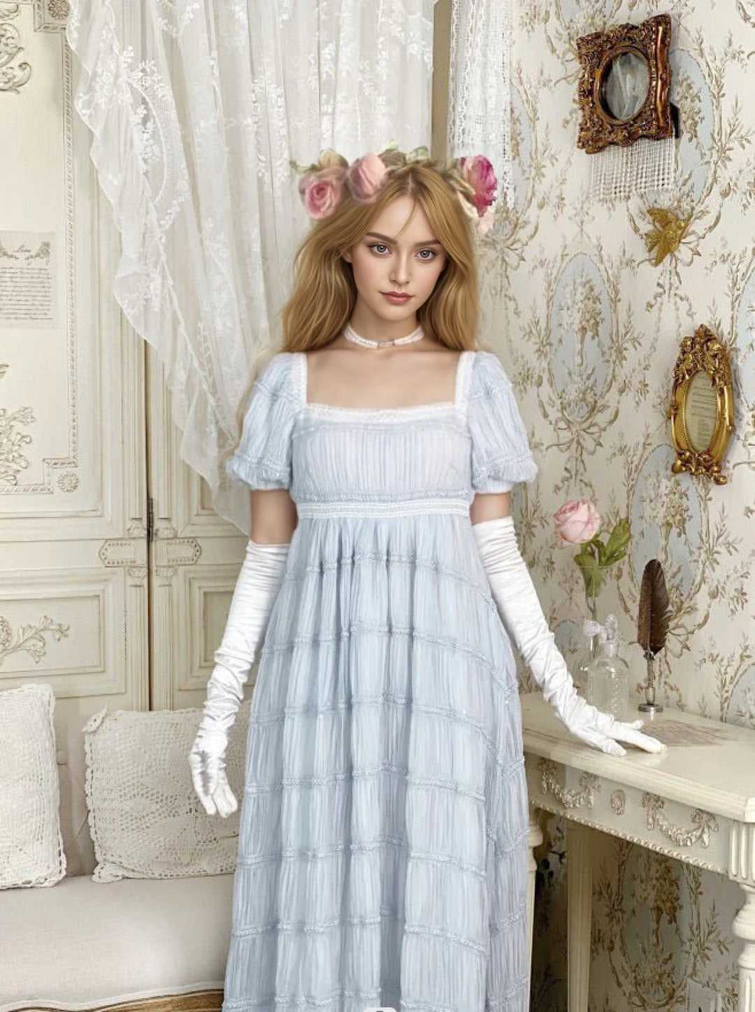 Romantic Regency Era White Blue Dress - Empire Waist Ball Gown Plus Size