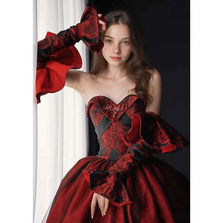 Gothic Black And Red Wedding Dress With Gloves - Burgundy Ball Gown Plus Size