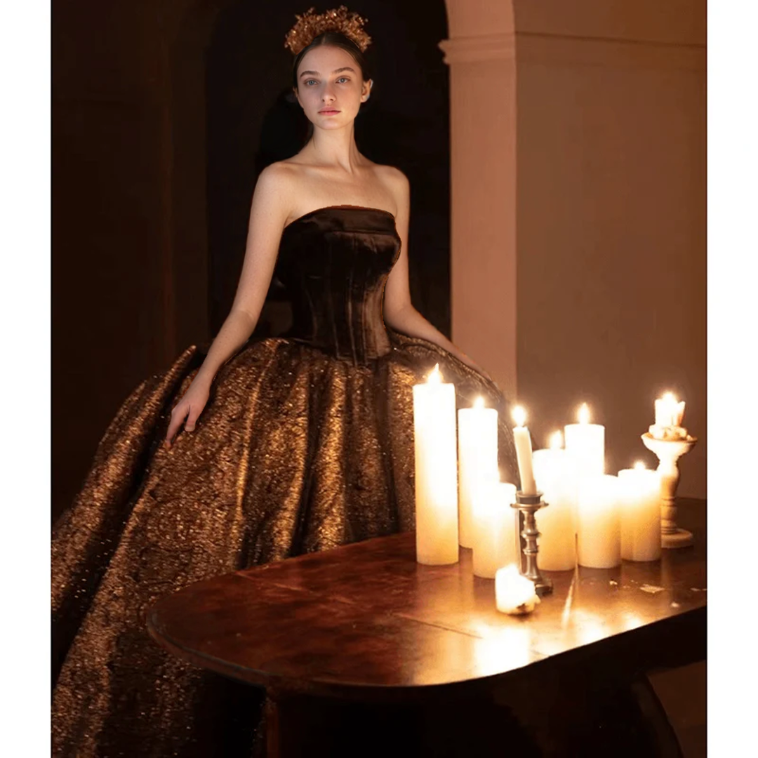 Gothic Black Strapless Wedding Dress With Gold Glitters - Black Evening Dress Ball Gown Plus Size