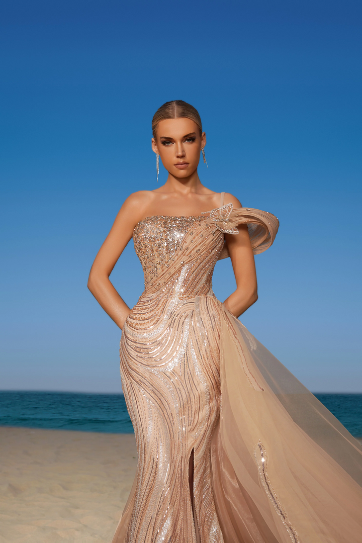 Champagne Sequin Evening Gown with One-Shoulder Design - Sparkly Maxi Dress with Flowing Train - Embellished Gown Plus Size