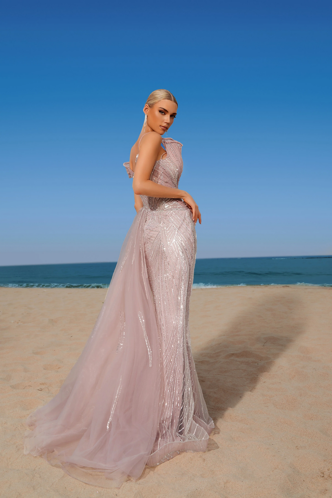 Blush Pink Sequin Evening Gown with Illusion Neckline - Sparkly Maxi Dress with Flowing Train - Embellished Gown Plus Size