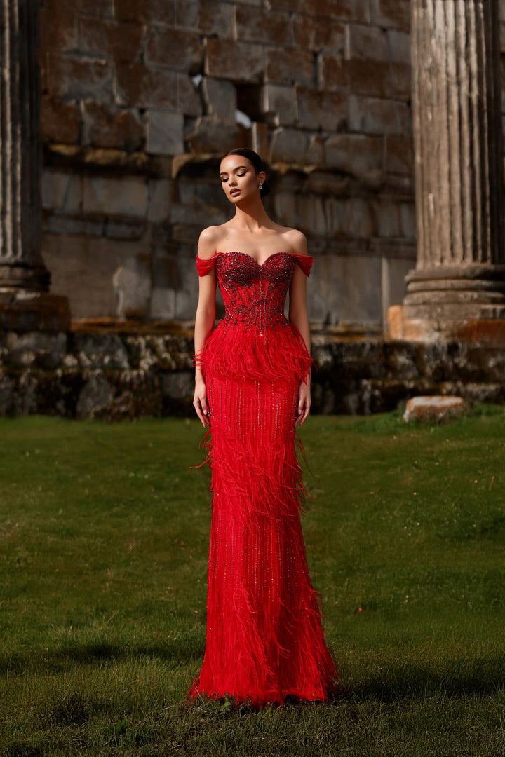 Red Sequin and Feather Dress with Off Shoulder Bodice – Embellished Designer Sequin Gown Plus Size