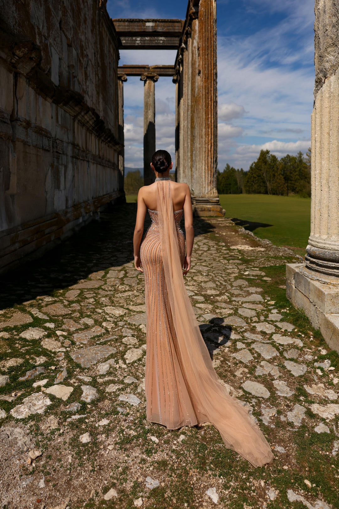 Champagne Pretty Sequin Dress with Deep V Neck – Glitter Maxi Dress with Sheer Tulle Train Plus Size