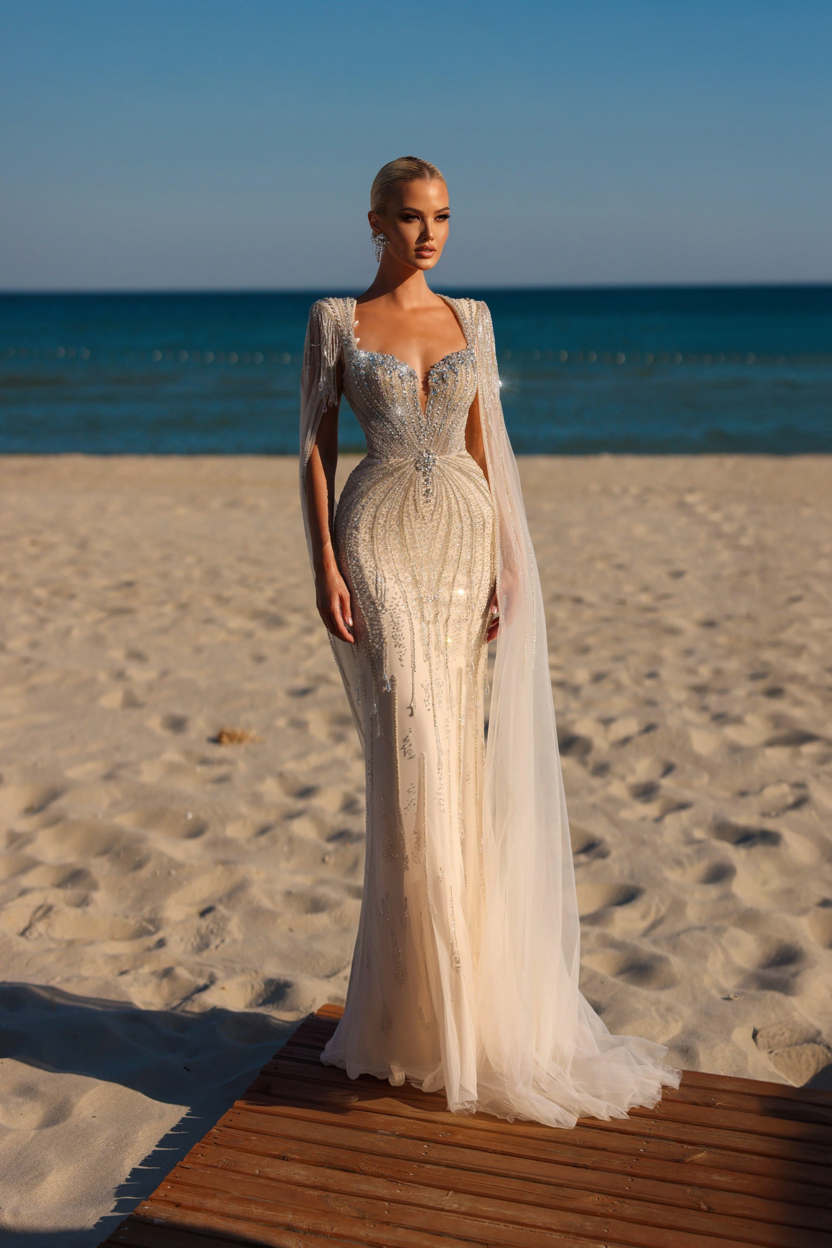 White Sequin Evening Gown with Cape Sleeves - White Sequin Dress - Des WonderlandByLilian White Sequin Evening Gown with Cape Sleeves - White Sequin Dress - Des WonderlandByLilian