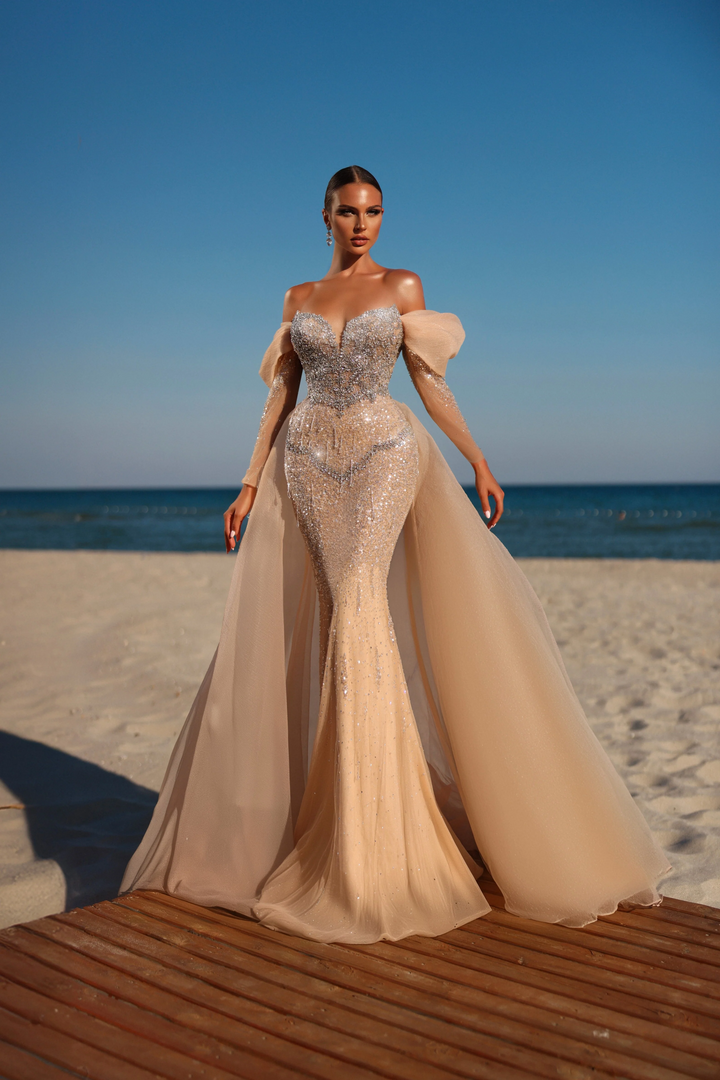 Champagne Sequin Mermaid Gown with Sheer Puff Sleeves - Glamorous Evening Dress - Elegant Wedding Guest Dress Plus Size