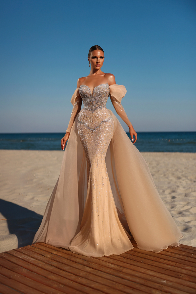 long sleeve champagne mermaid dress Champagne Wedding Dress with Sleeves Mermaid Silhouette Embellished with Pearls and Sequins Plus Size Size 10