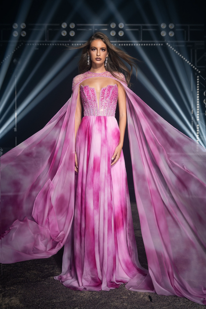 Hot Pink Prom Dress - Embellished Gown with Cape Sleeves - Sparkly Maxi Dress - Sequin Evening Gown Plus Size