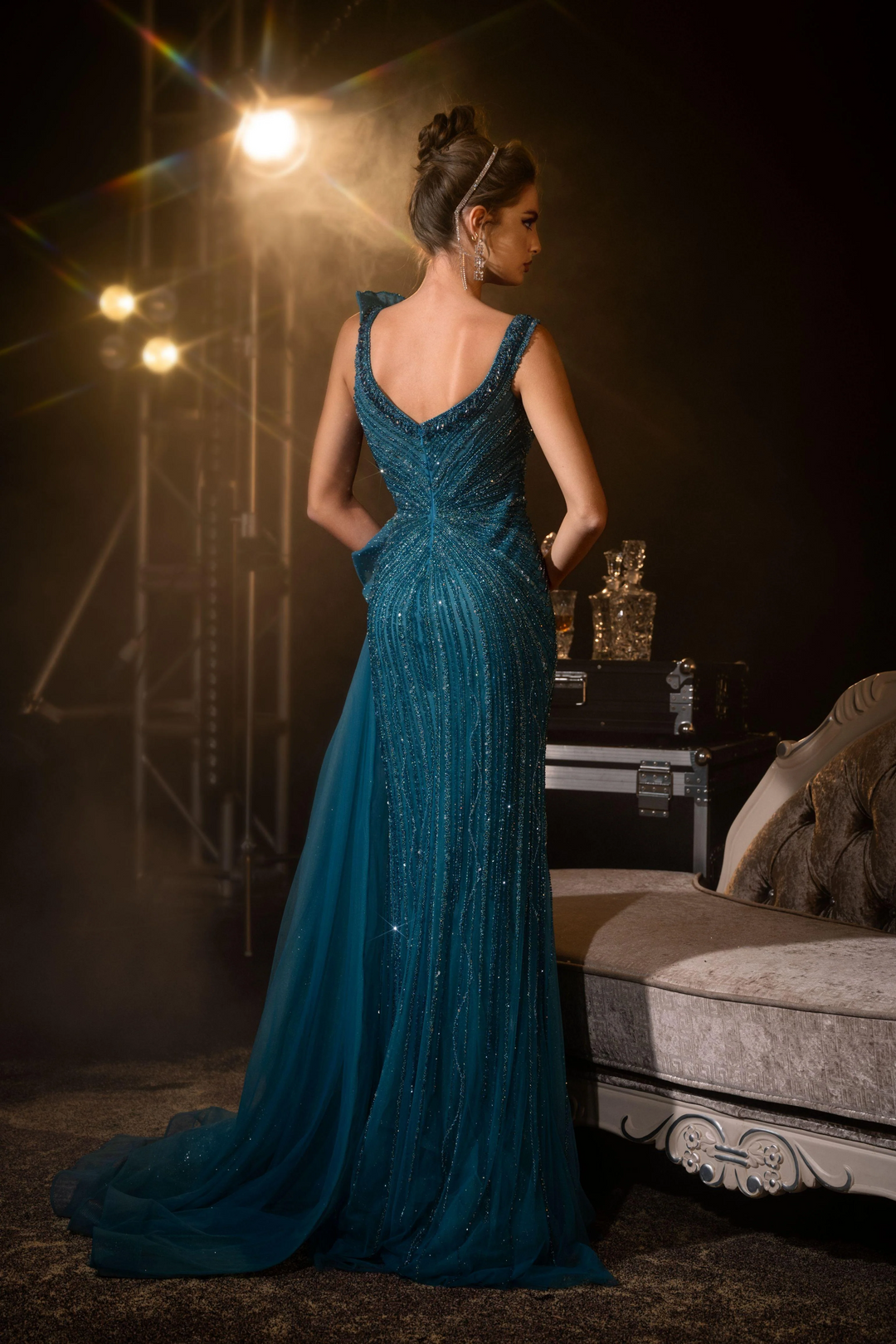 Gothic Teal Designer Sequin Gown with Draped Shoulder Detail - Teal Sequins Evening Gown and Side Slit Plus Size