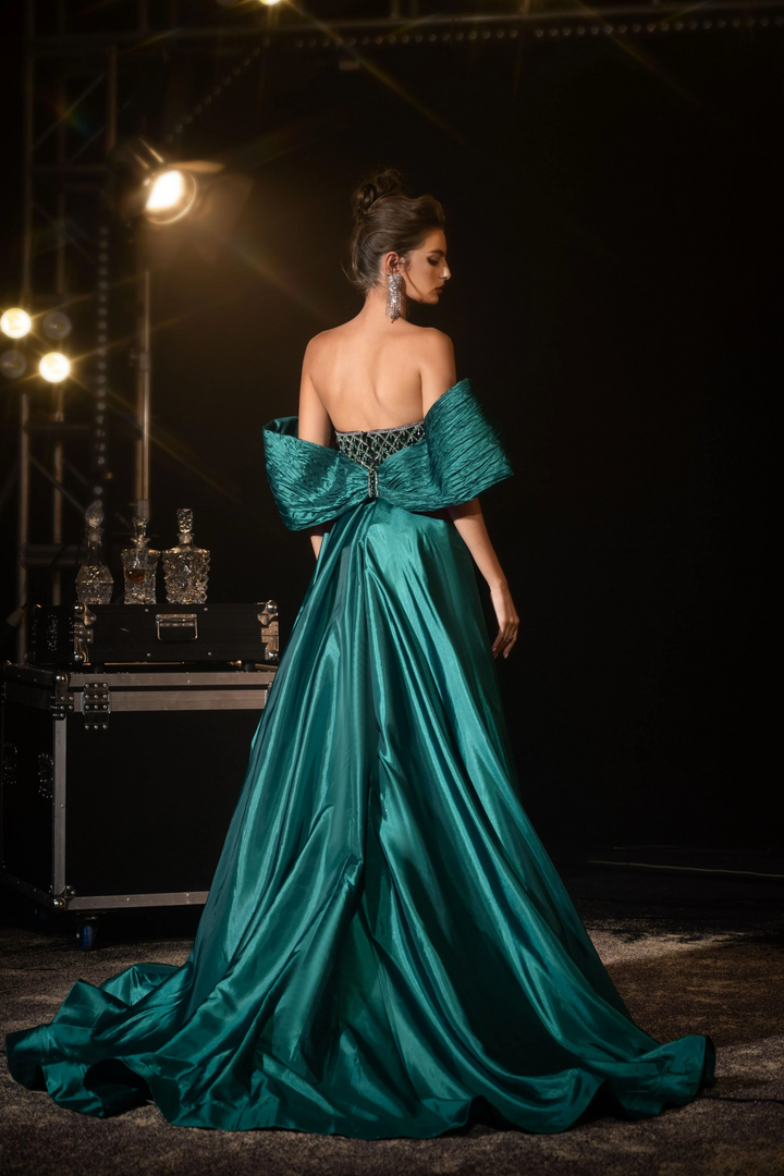 Gothic Emerald Green Embellished Gown with Overskirt - Designer Sequin Gown - Strapless Glitter Dress with Bow Detail Plus Size